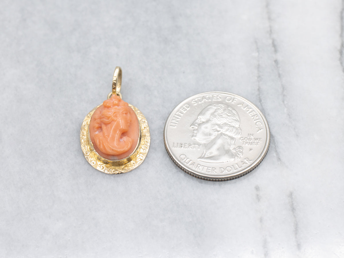 Vintage Coral Cameo Floral Engraved Gold Pendant