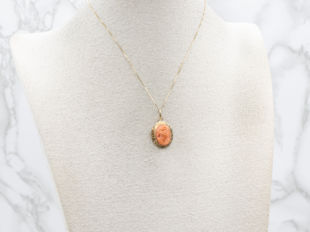 Vintage Coral Cameo Floral Engraved Gold Pendant
