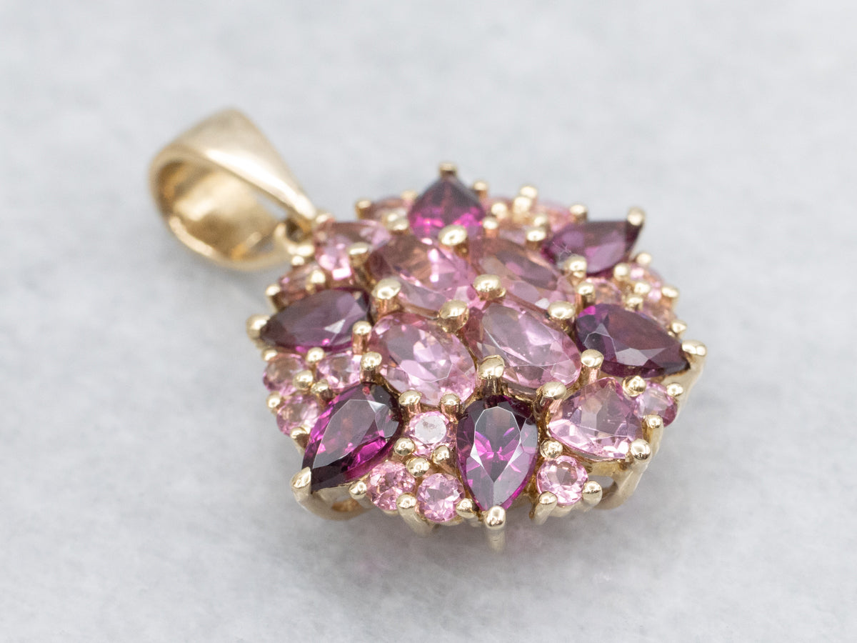 Pink Tourmaline and Rhodolite Garnet Gemstone Cluster Pendant