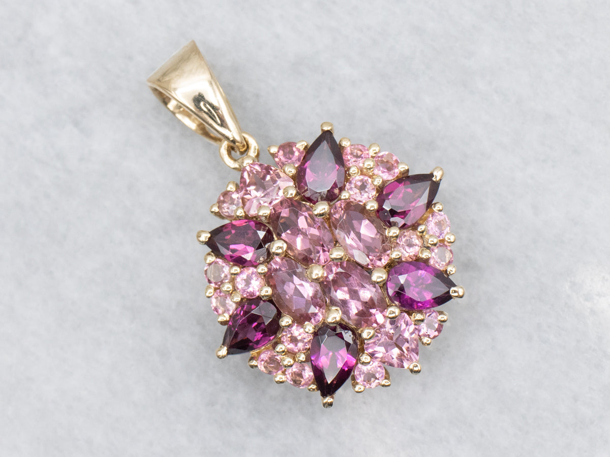 Pink Tourmaline and Rhodolite Garnet Gemstone Cluster Pendant
