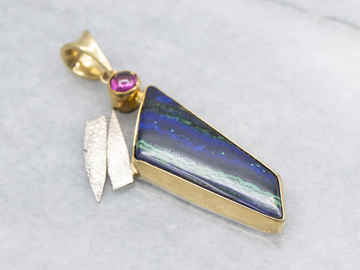 Modernist Azur Malachite and Rhodolite Garnet Mixed Metal Pendant