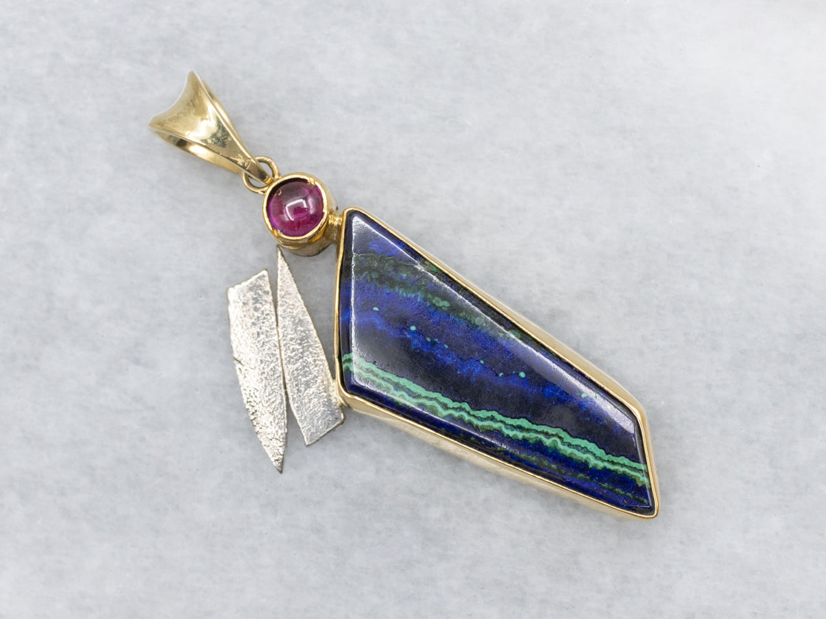 Modernist Azur Malachite and Rhodolite Garnet Mixed Metal Pendant