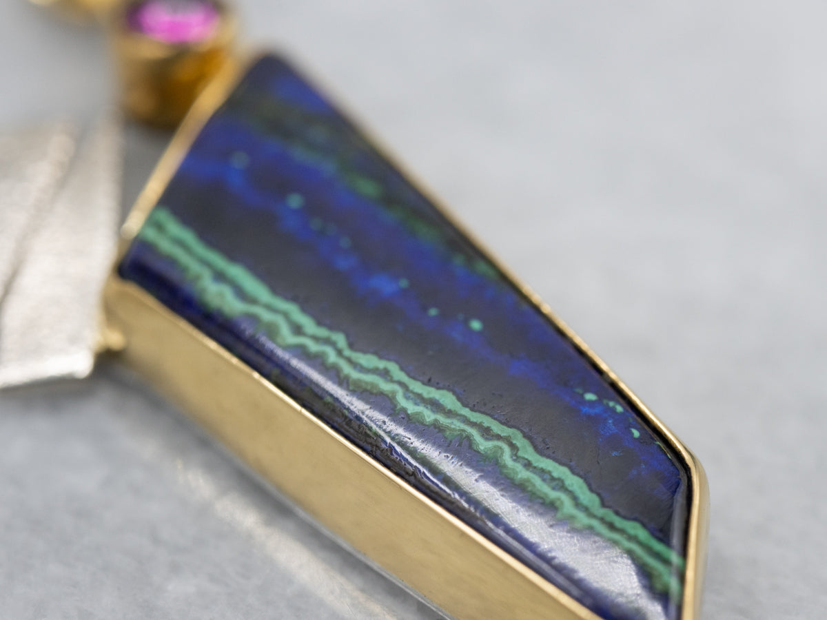 Modernist Azur Malachite and Rhodolite Garnet Mixed Metal Pendant