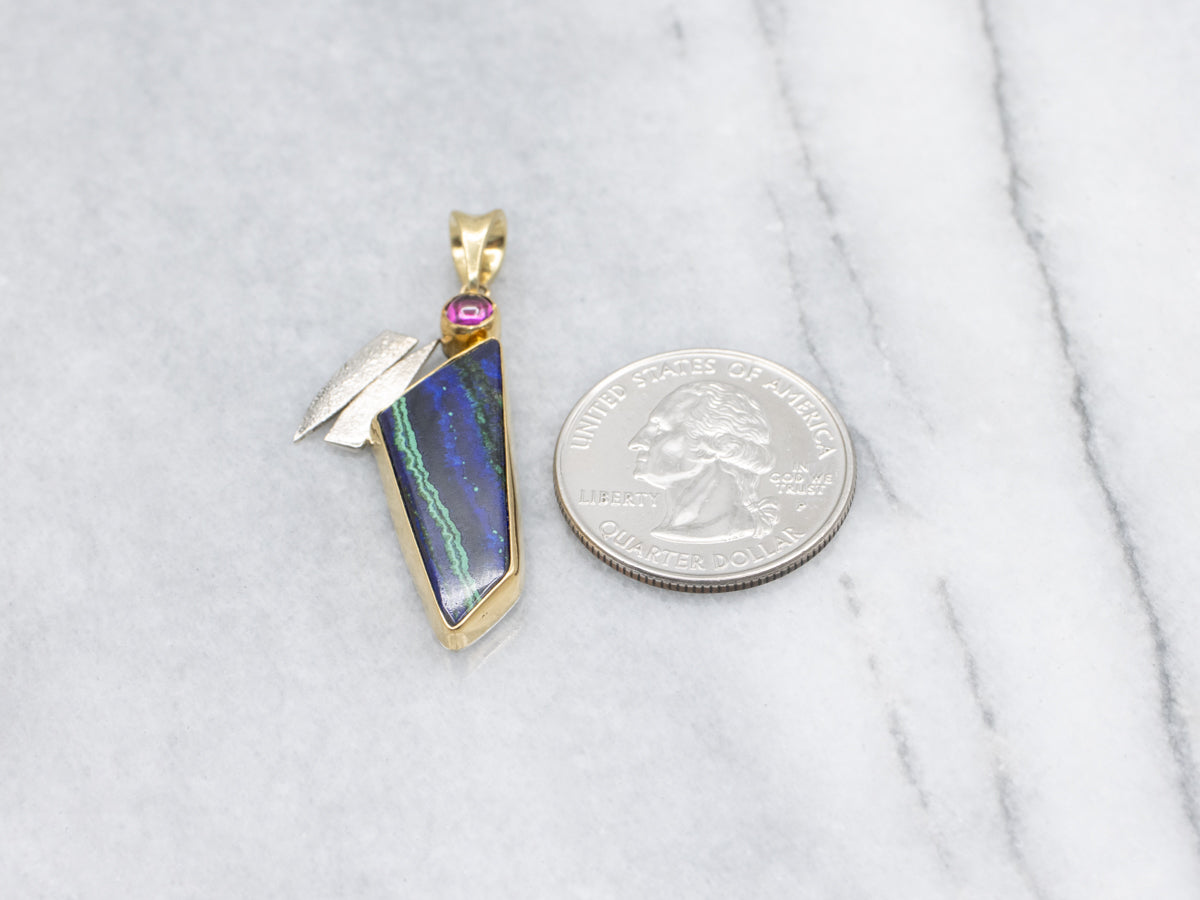 Modernist Azur Malachite and Rhodolite Garnet Mixed Metal Pendant