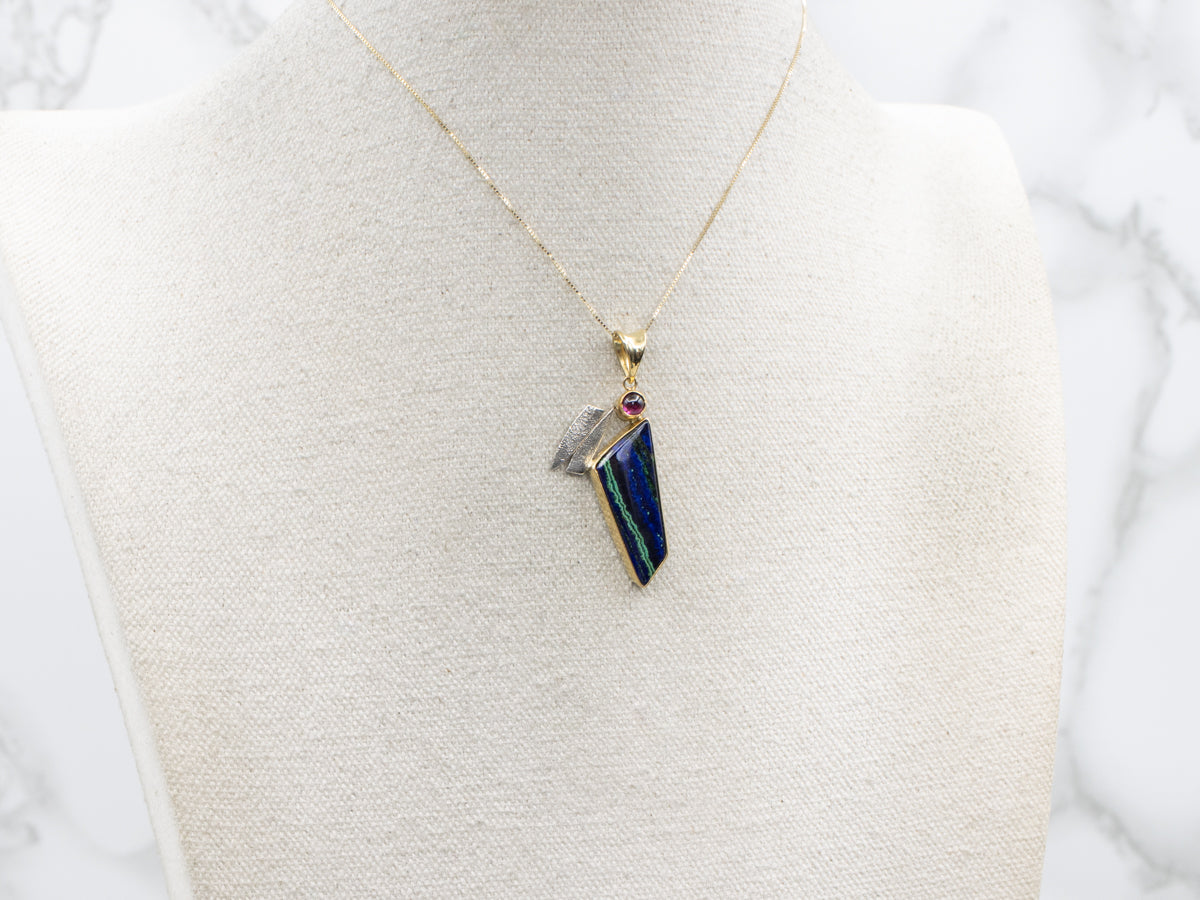 Modernist Azur Malachite and Rhodolite Garnet Mixed Metal Pendant