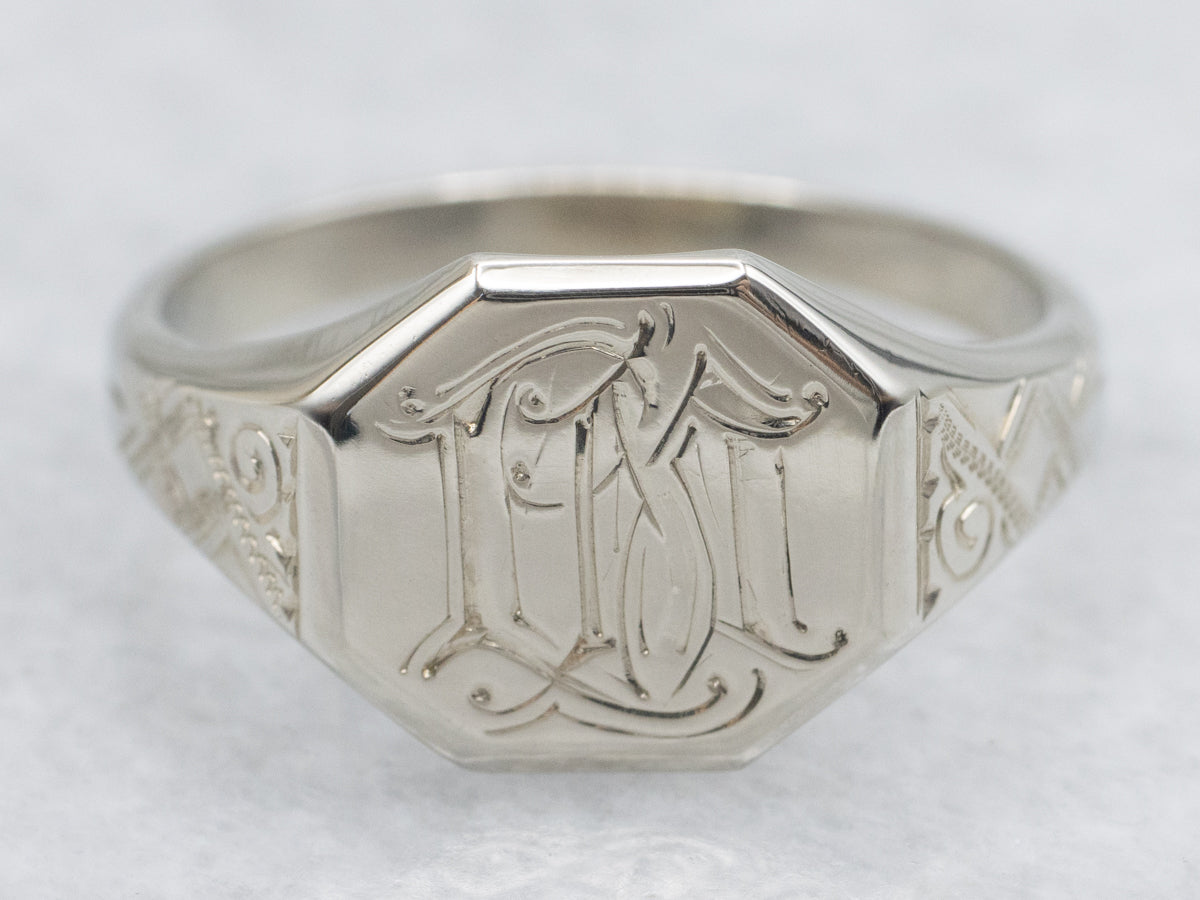 Engraved "LM" Initialed Art Deco Era Signet Ring