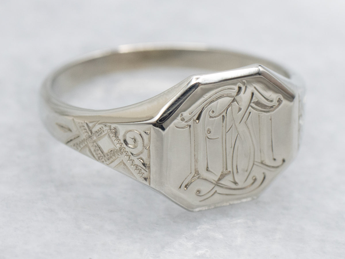 Engraved "LM" Initialed Art Deco Era Signet Ring
