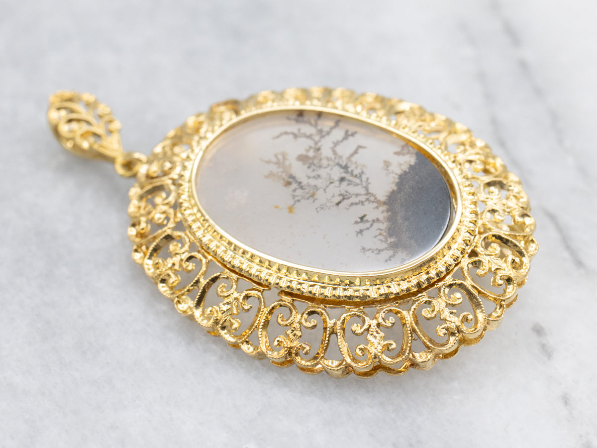 Dendritic Agate Ornate Scrolling Gold Pin or Pendant
