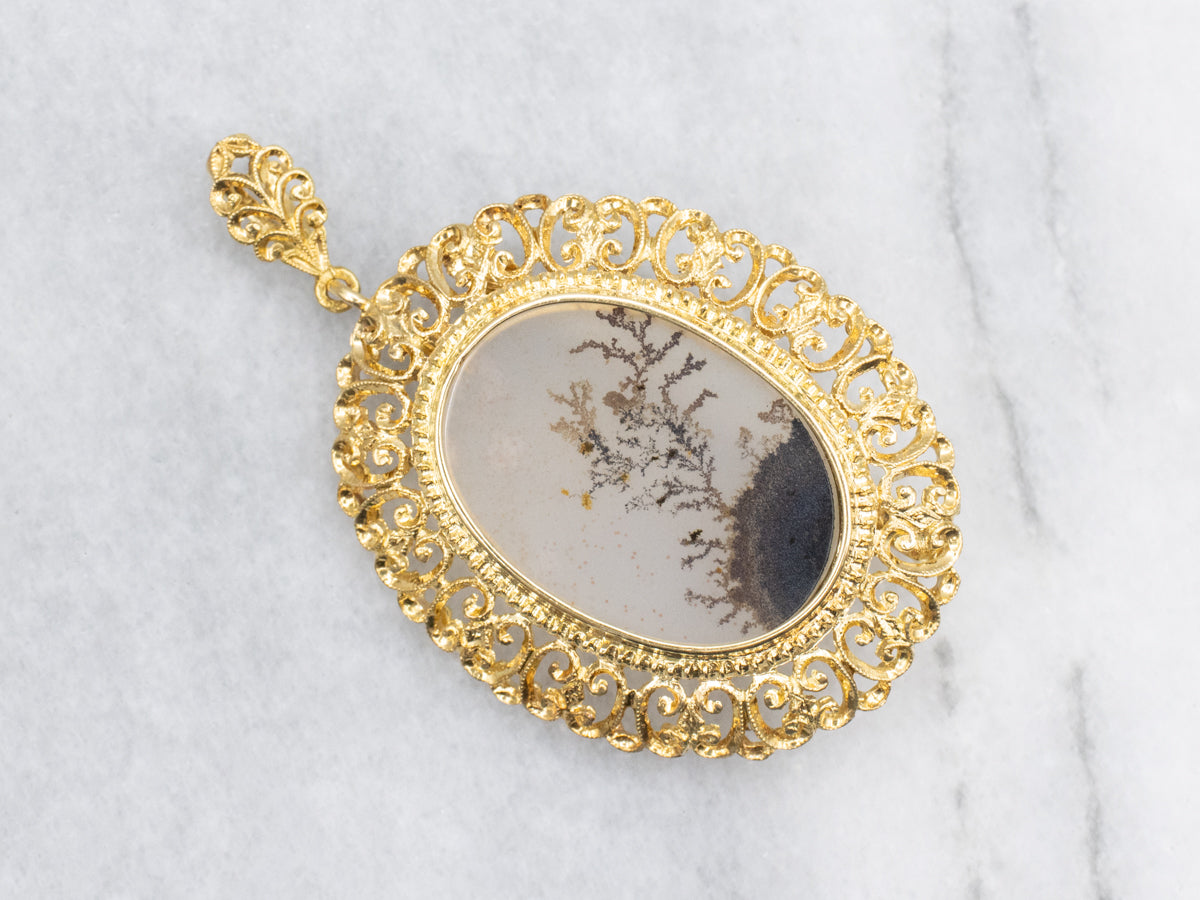 Dendritic Agate Ornate Scrolling Gold Pin or Pendant