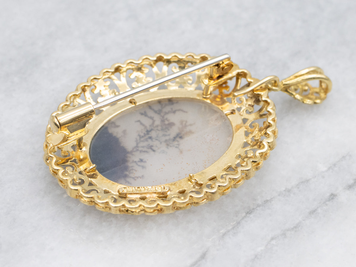 Dendritic Agate Ornate Scrolling Gold Pin or Pendant