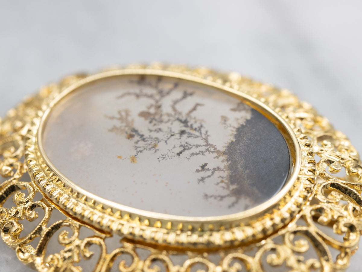 Dendritic Agate Ornate Scrolling Gold Pin or Pendant