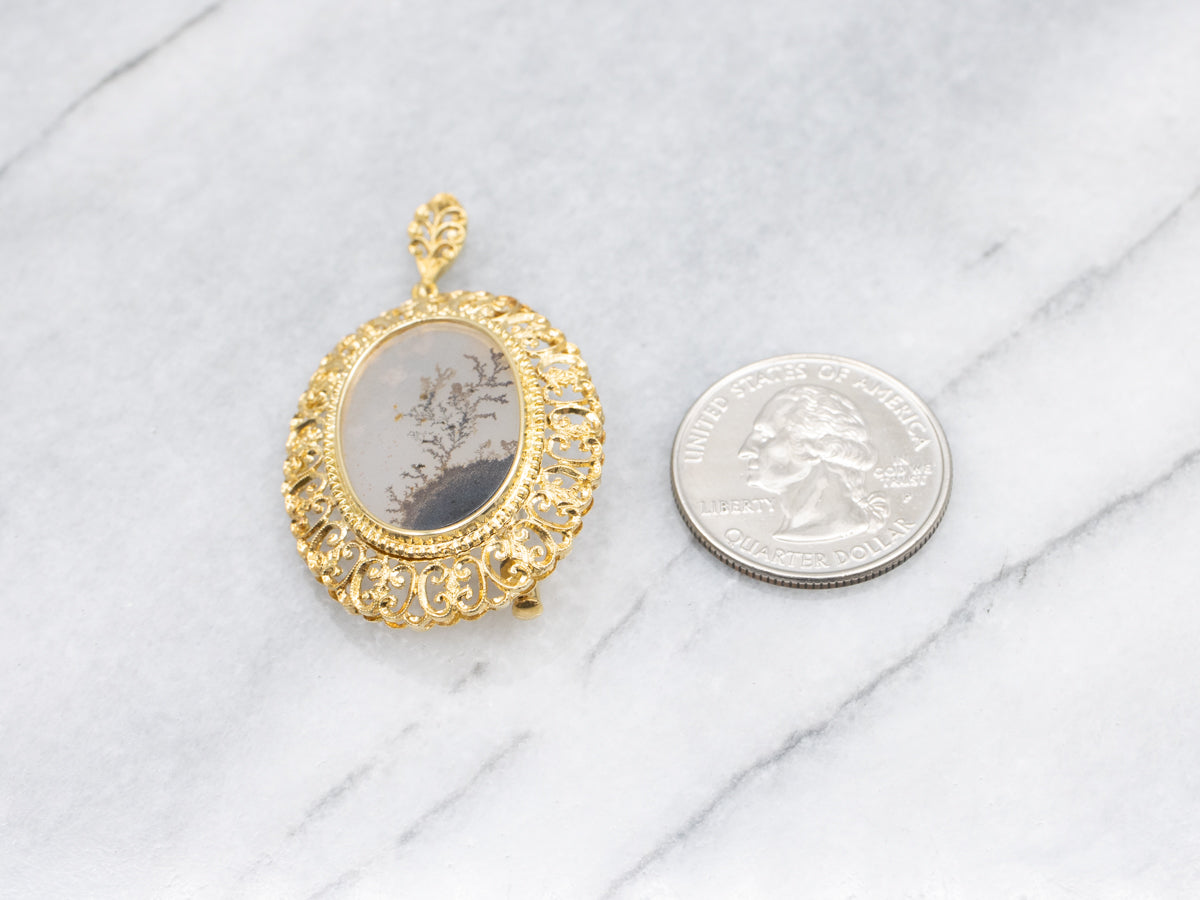 Dendritic Agate Ornate Scrolling Gold Pin or Pendant