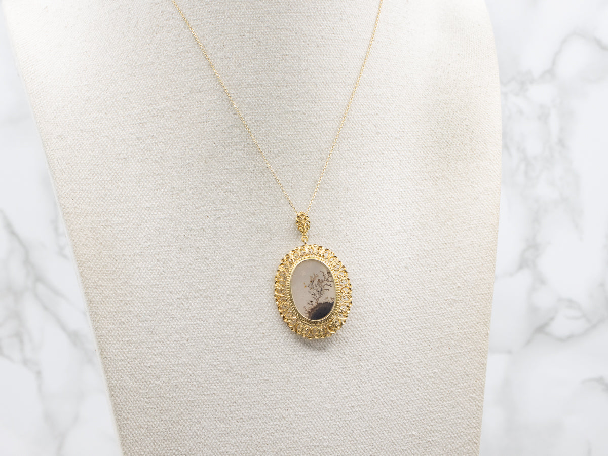 Dendritic Agate Ornate Scrolling Gold Pin or Pendant