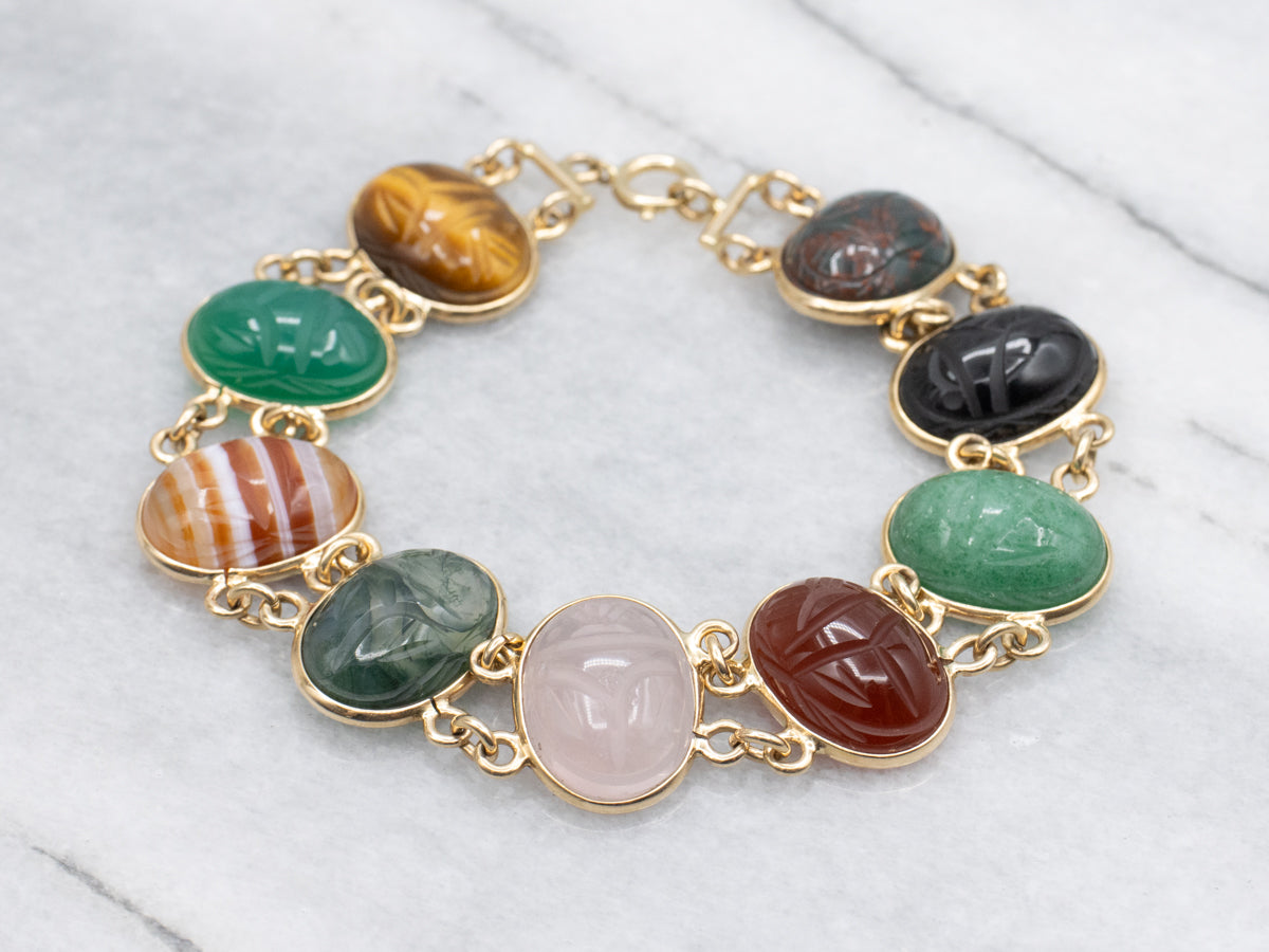 Mid-Century Yellow Gold Multi-Cabochon Scarab Beetle Bracelet