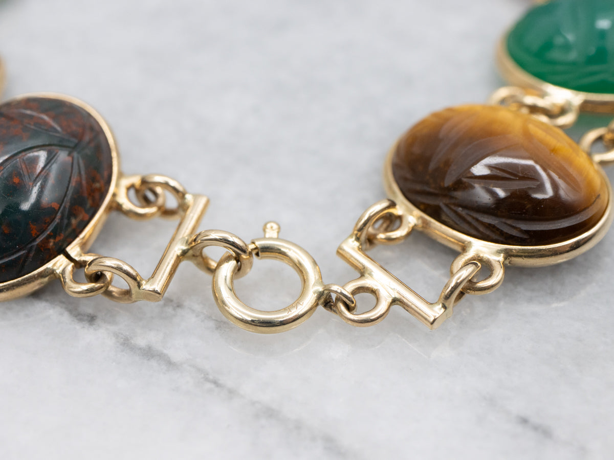 Mid-Century Yellow Gold Multi-Cabochon Scarab Beetle Bracelet