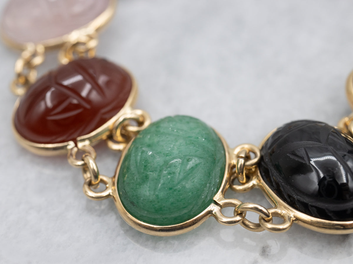 Mid-Century Yellow Gold Multi-Cabochon Scarab Beetle Bracelet