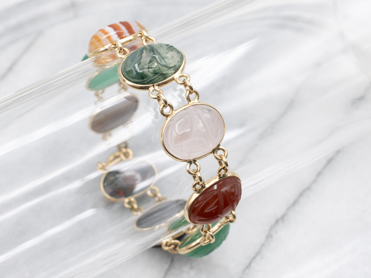 Mid-Century Yellow Gold Multi-Cabochon Scarab Beetle Bracelet