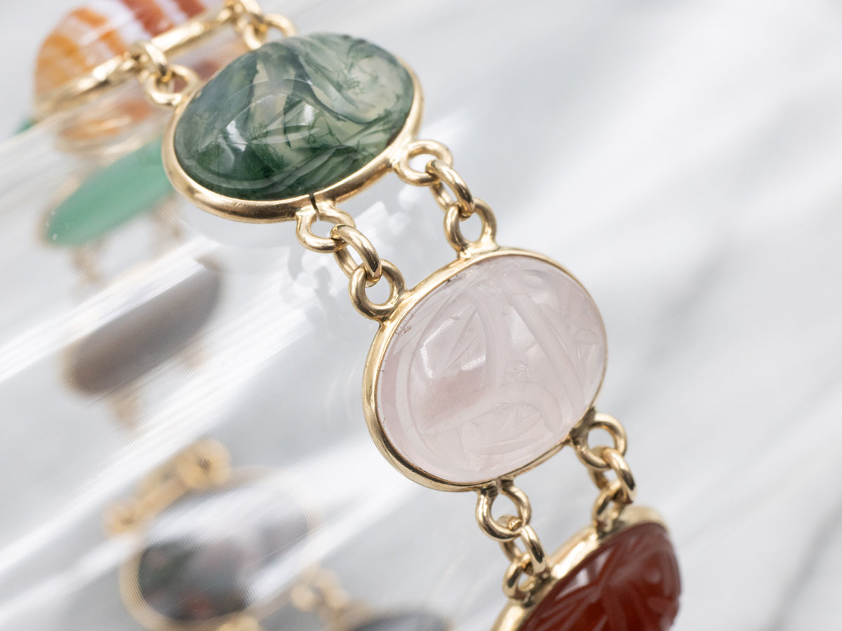 Mid-Century Yellow Gold Multi-Cabochon Scarab Beetle Bracelet