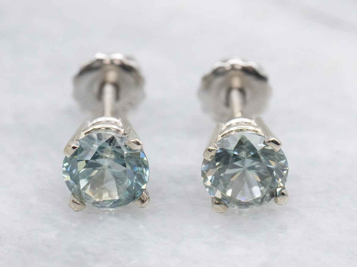Round Cut Blue Zircon White Gold Stud Earrings