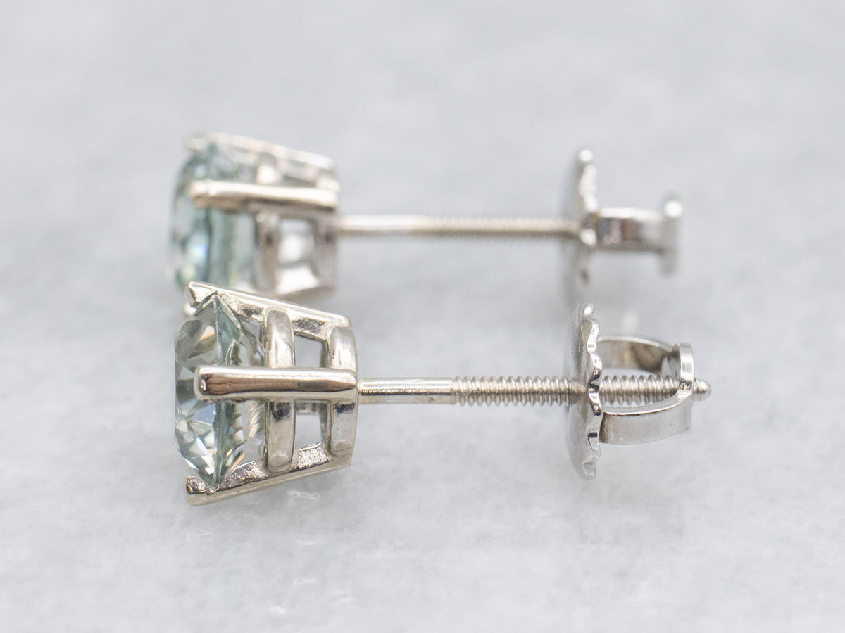 Round Cut Blue Zircon White Gold Stud Earrings