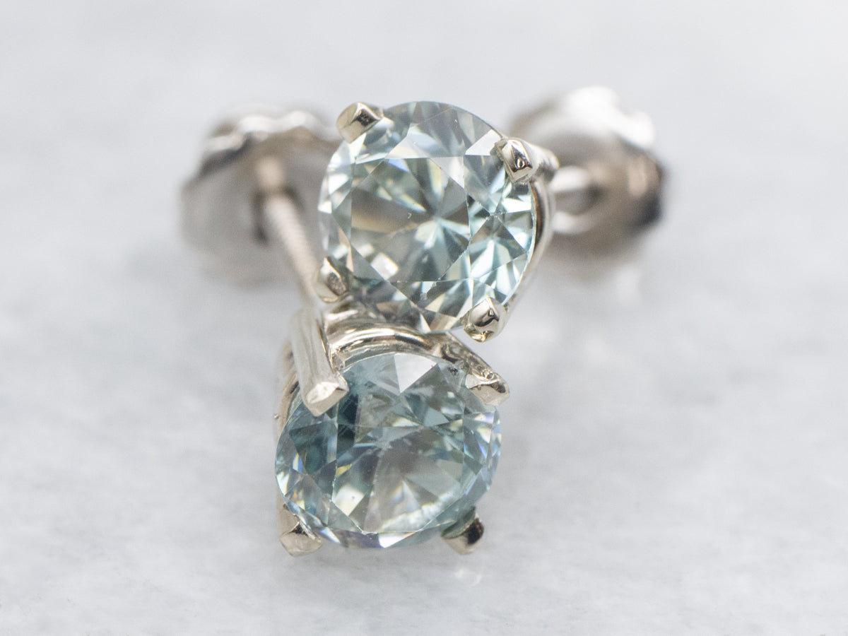 Round Cut Blue Zircon White Gold Stud Earrings