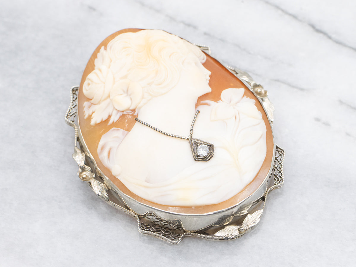 Antique Diamond Floral Cameo Gold Brooch or Pendant