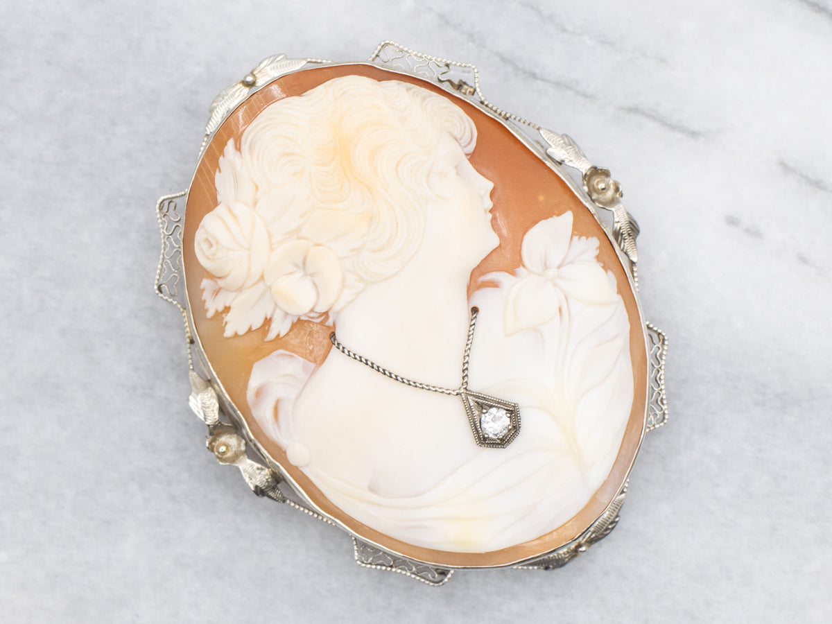 Antique Diamond Floral Cameo Gold Brooch or Pendant