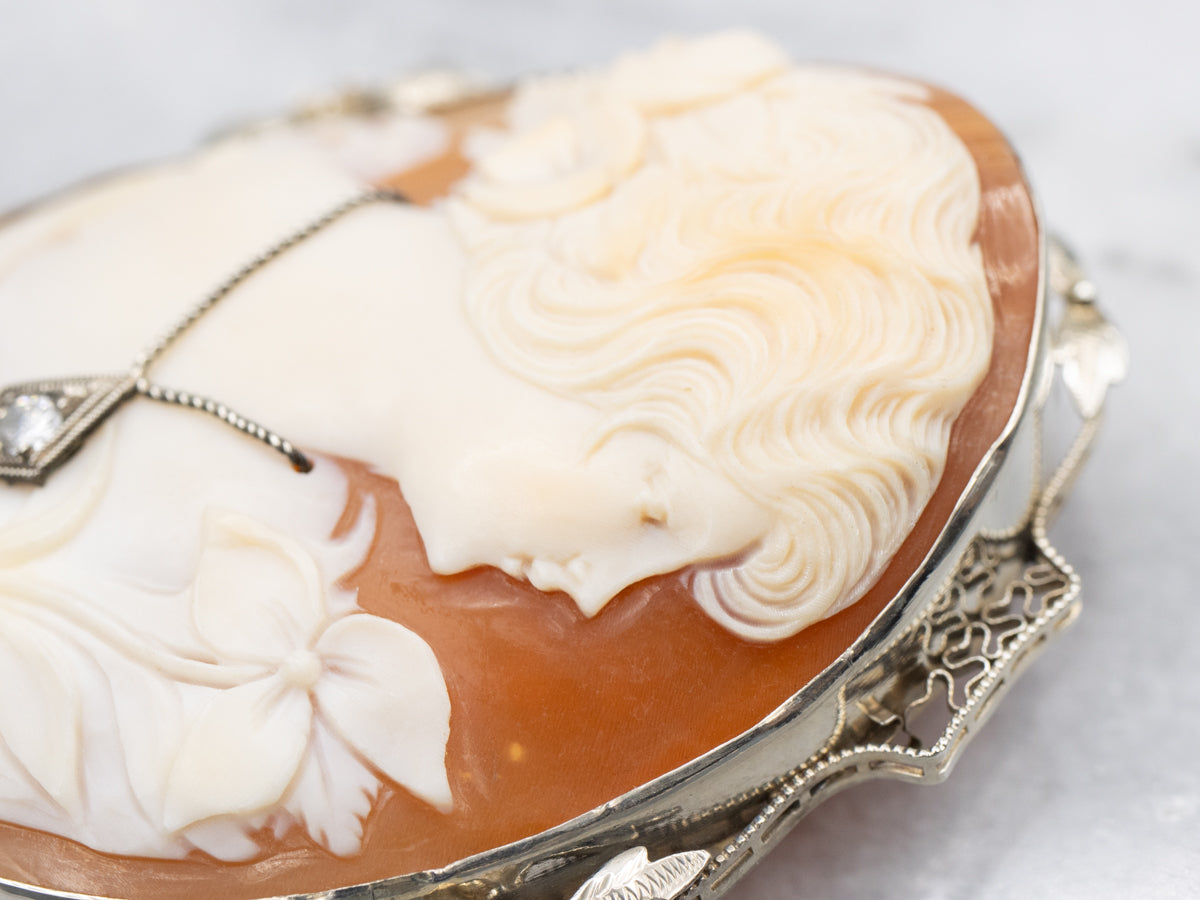 Antique Diamond Floral Cameo Gold Brooch or Pendant