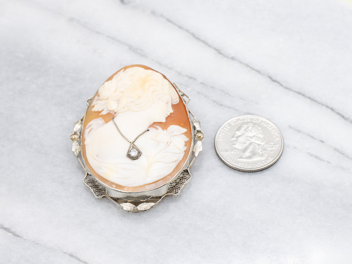 Antique Diamond Floral Cameo Gold Brooch or Pendant