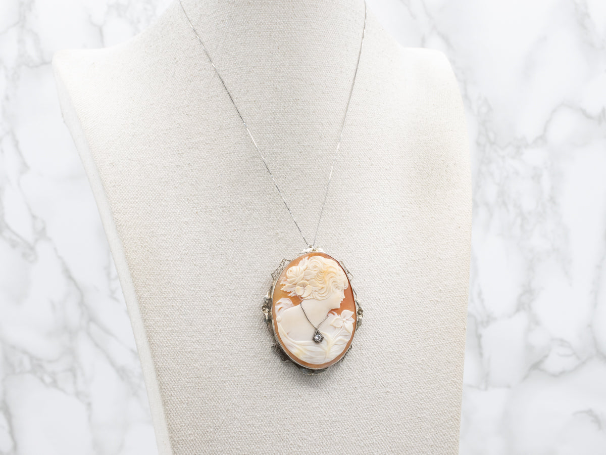 Antique Diamond Floral Cameo Gold Brooch or Pendant