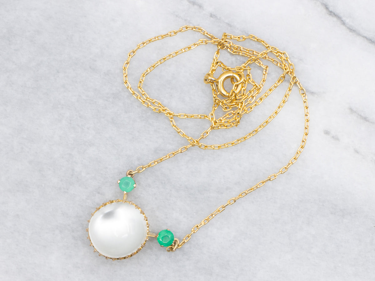 Etherial Moonstone Green Onyx and Gold Pendant Necklace