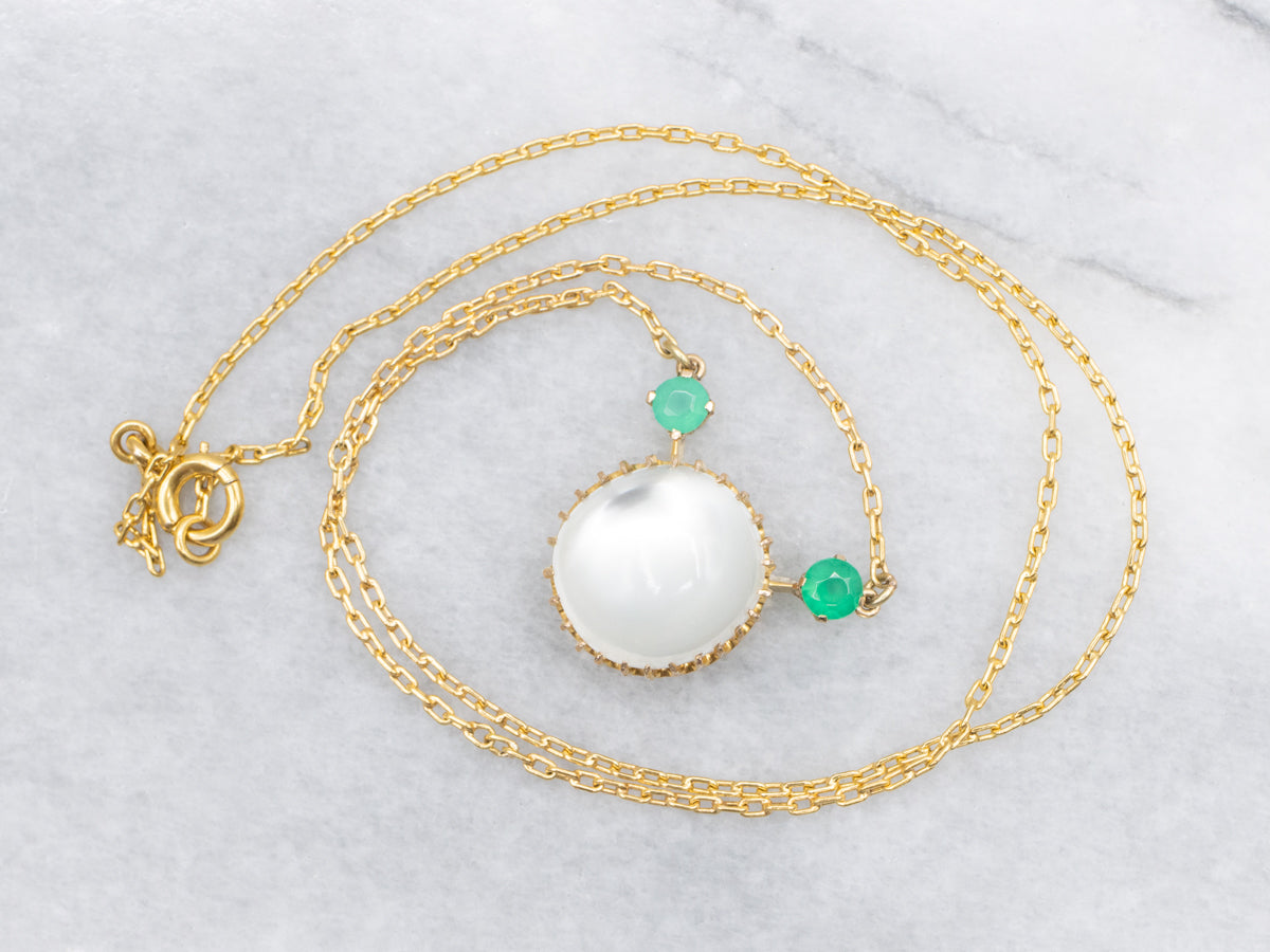 Etherial Moonstone Green Onyx and Gold Pendant Necklace