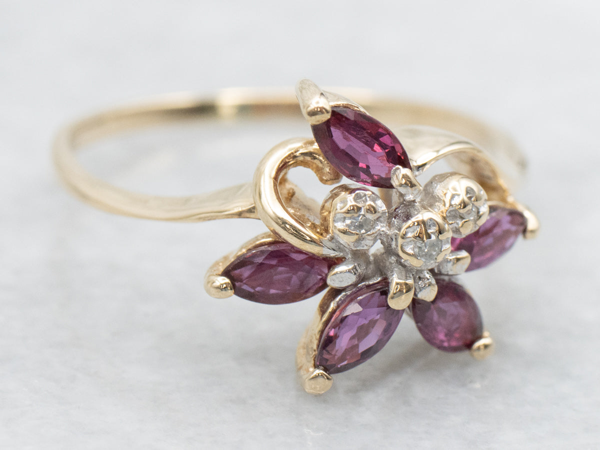 Twisting Floral Ruby and Diamond Ring