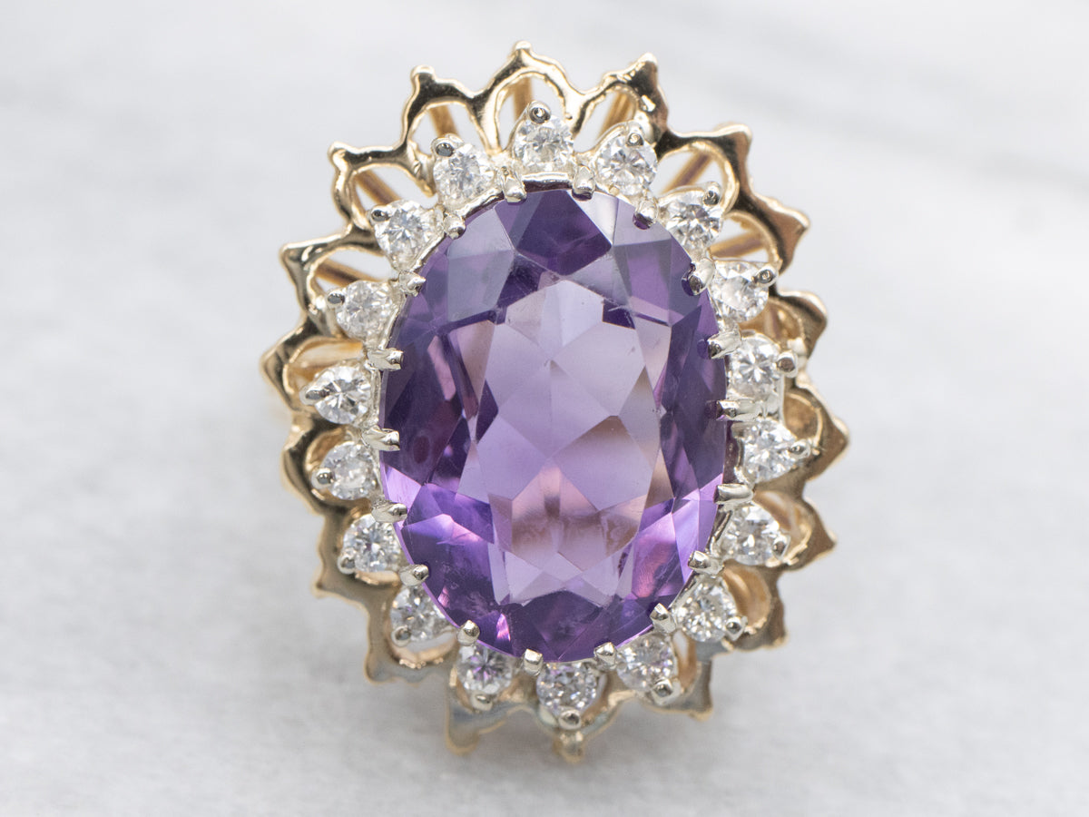 Bold Amethyst and Diamond Halo Cocktail Ring