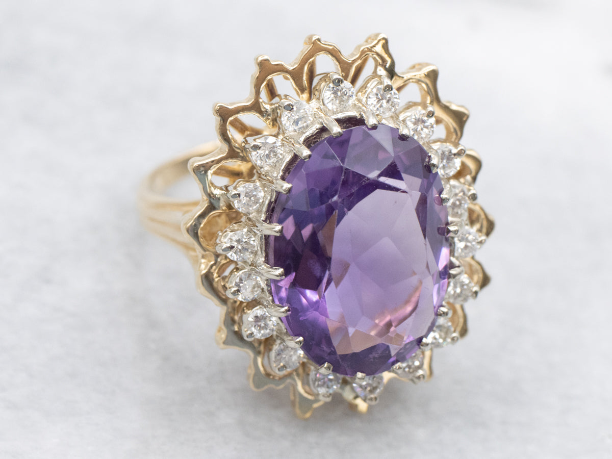 Bold Amethyst and Diamond Halo Cocktail Ring