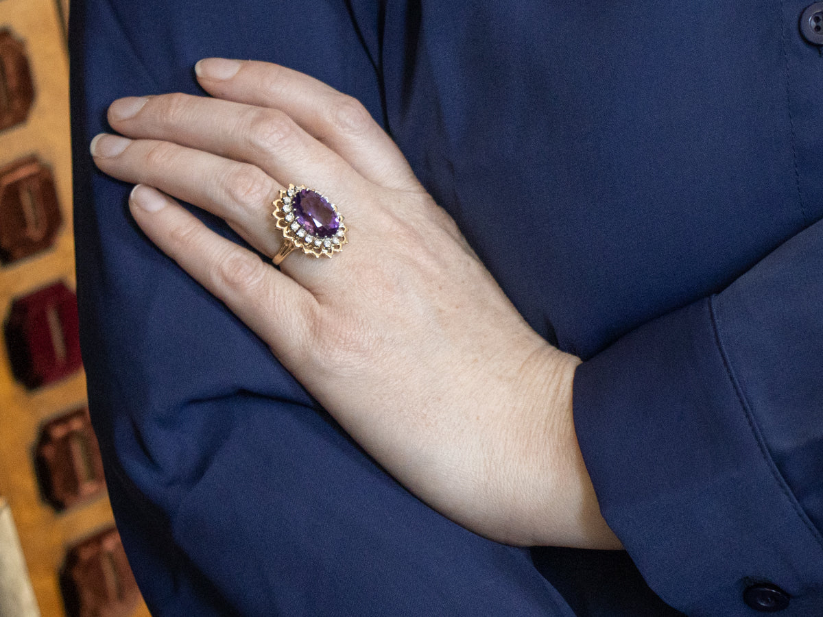 Bold Amethyst and Diamond Halo Cocktail Ring