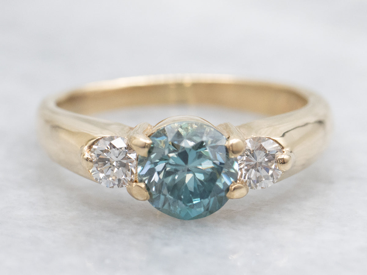 Blue Zircon and Diamond Three Stone Ring
