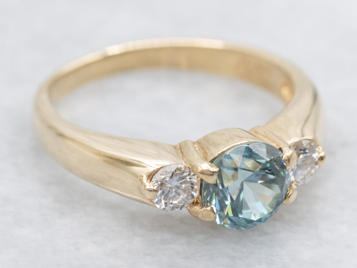 Blue Zircon and Diamond Three Stone Ring