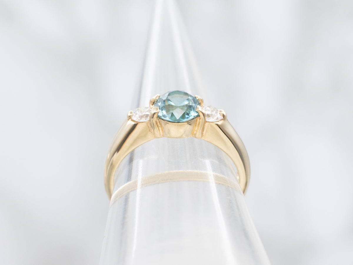 Blue Zircon and Diamond Three Stone Ring