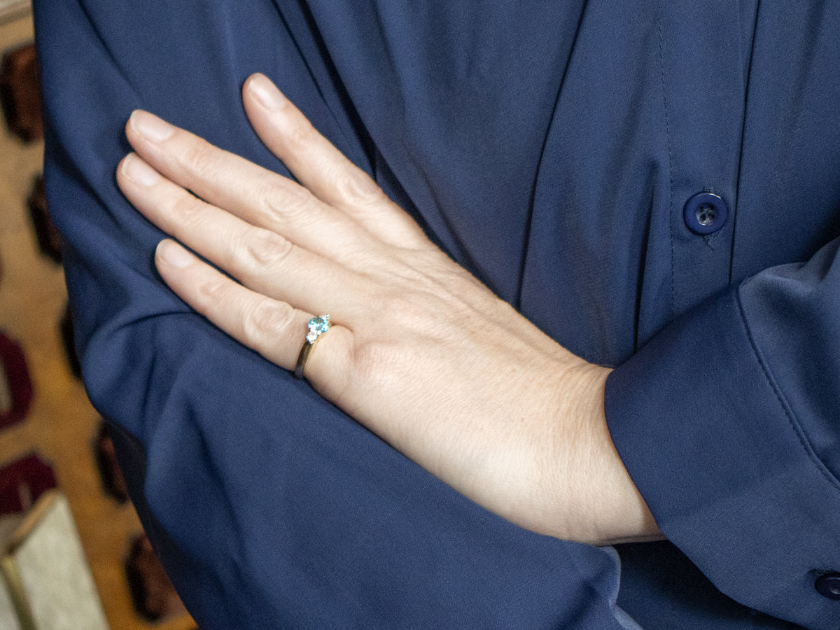 Blue Zircon and Diamond Three Stone Ring