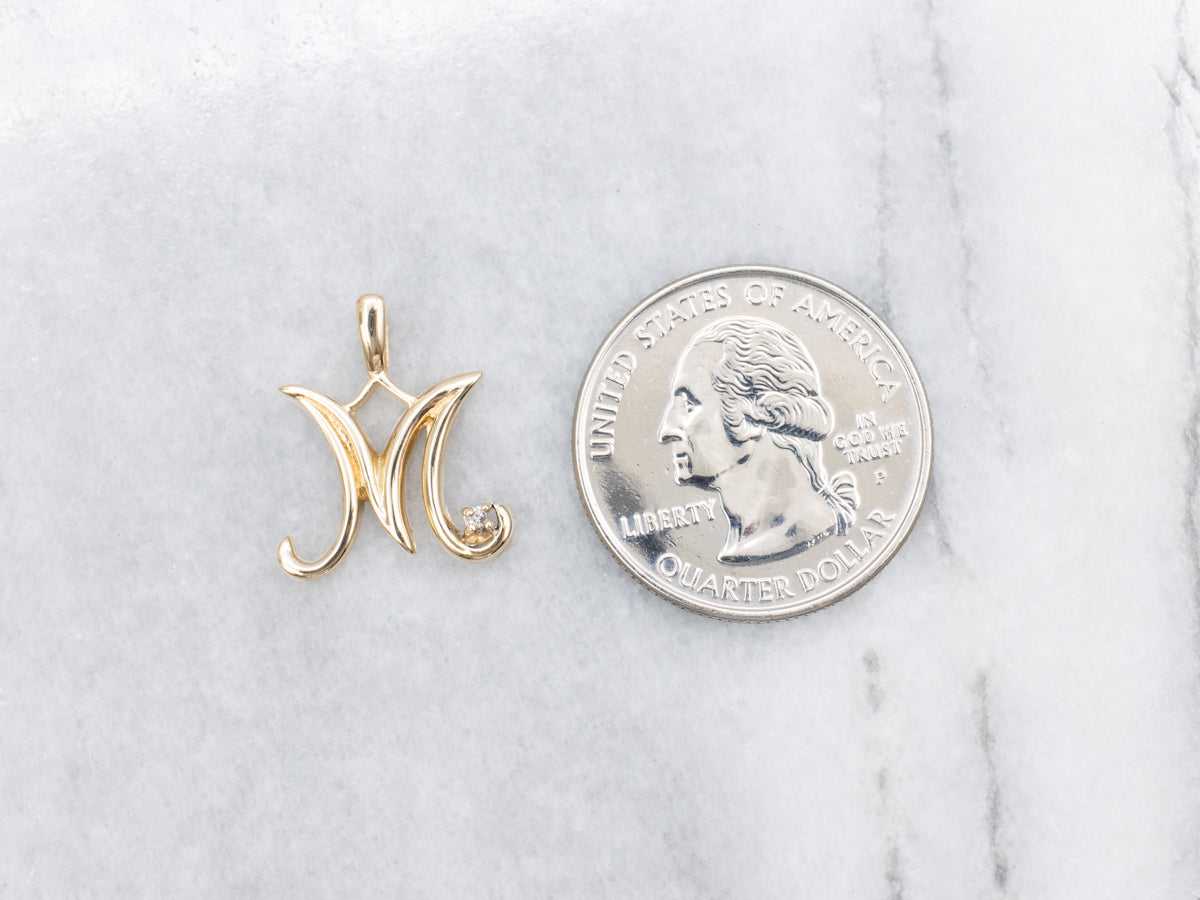 Cursive Letter "M" Gold and Diamond Pendant