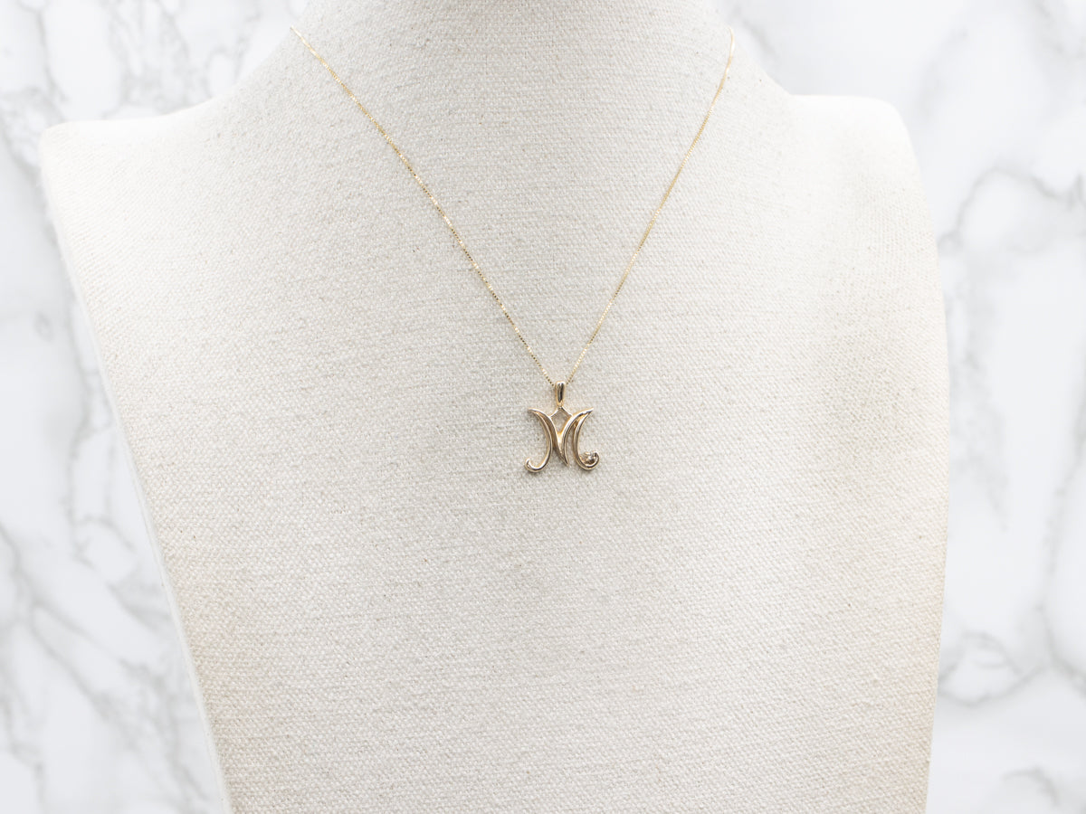 Cursive Letter "M" Gold and Diamond Pendant