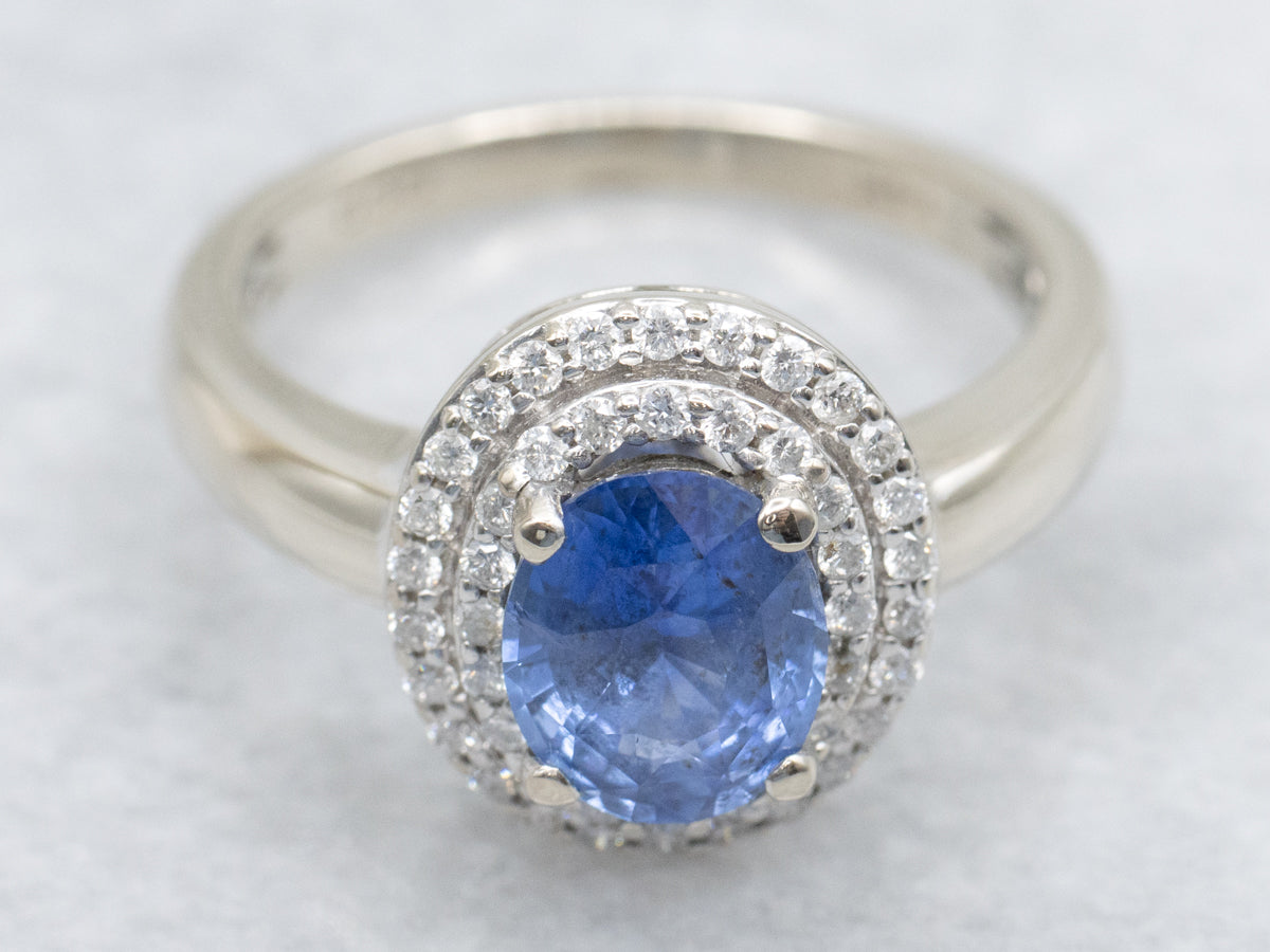 Modern Sapphire and Double Diamond Halo Engagement Ring