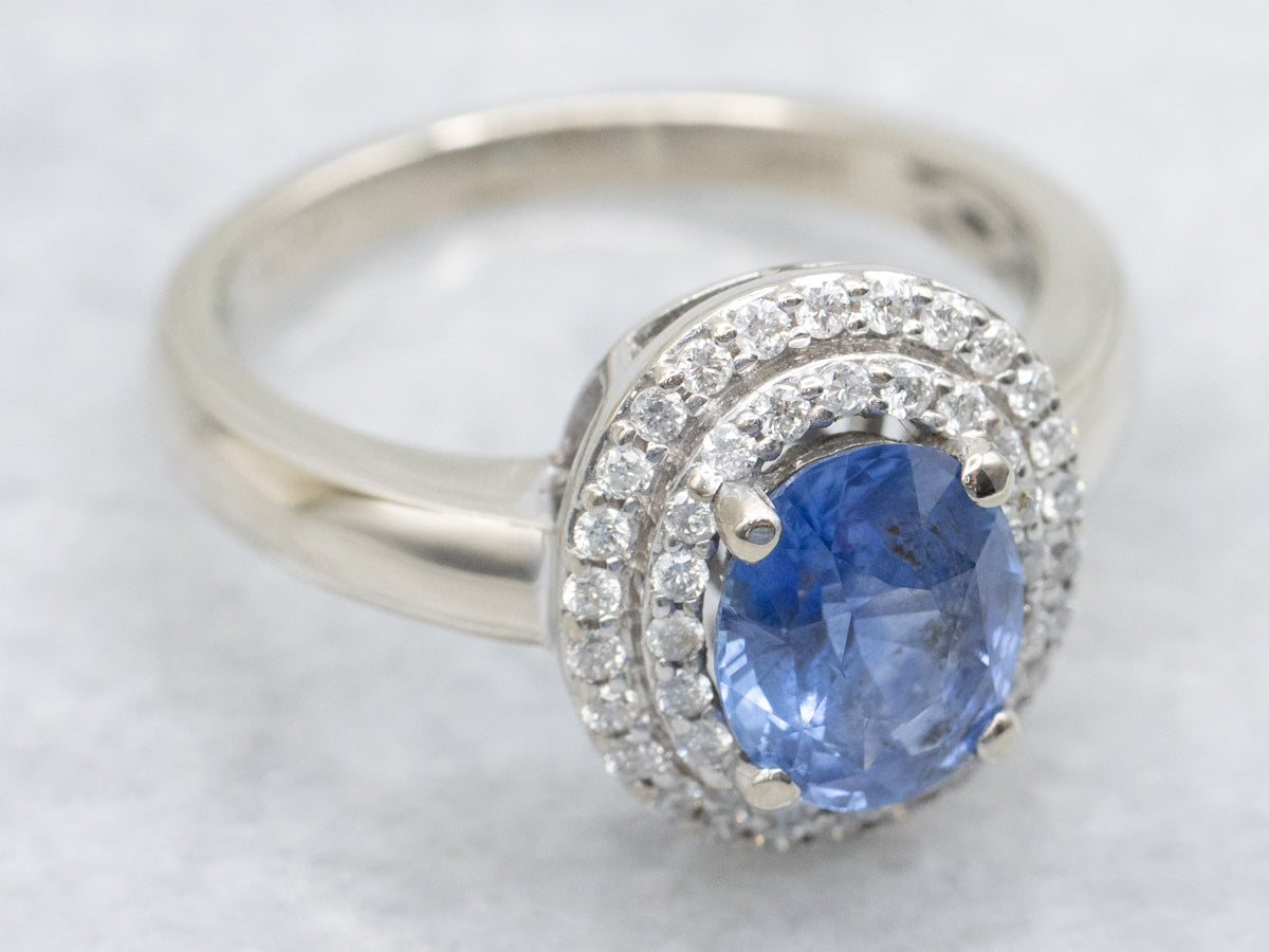Modern Sapphire and Double Diamond Halo Engagement Ring