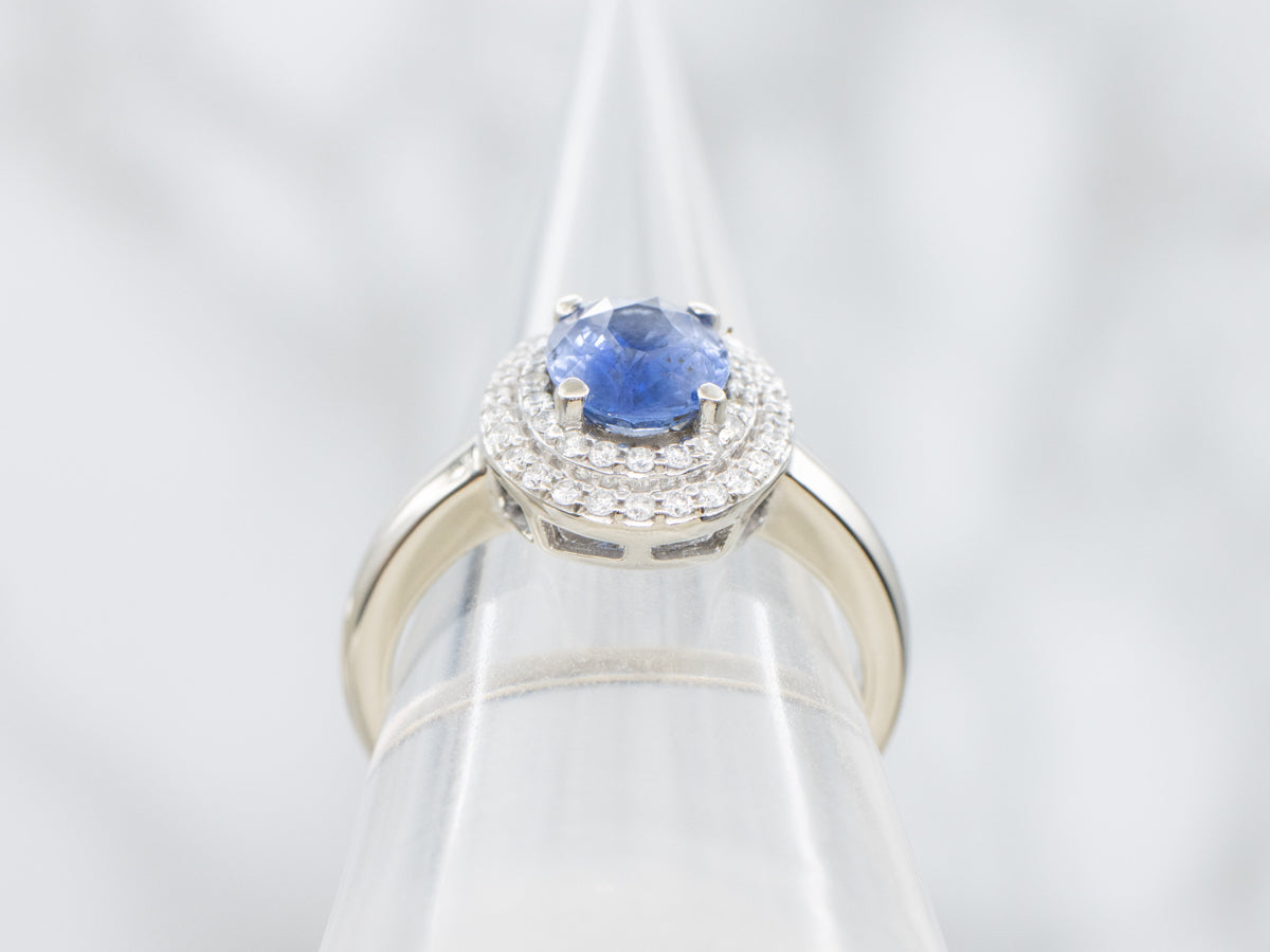 Modern Sapphire and Double Diamond Halo Engagement Ring
