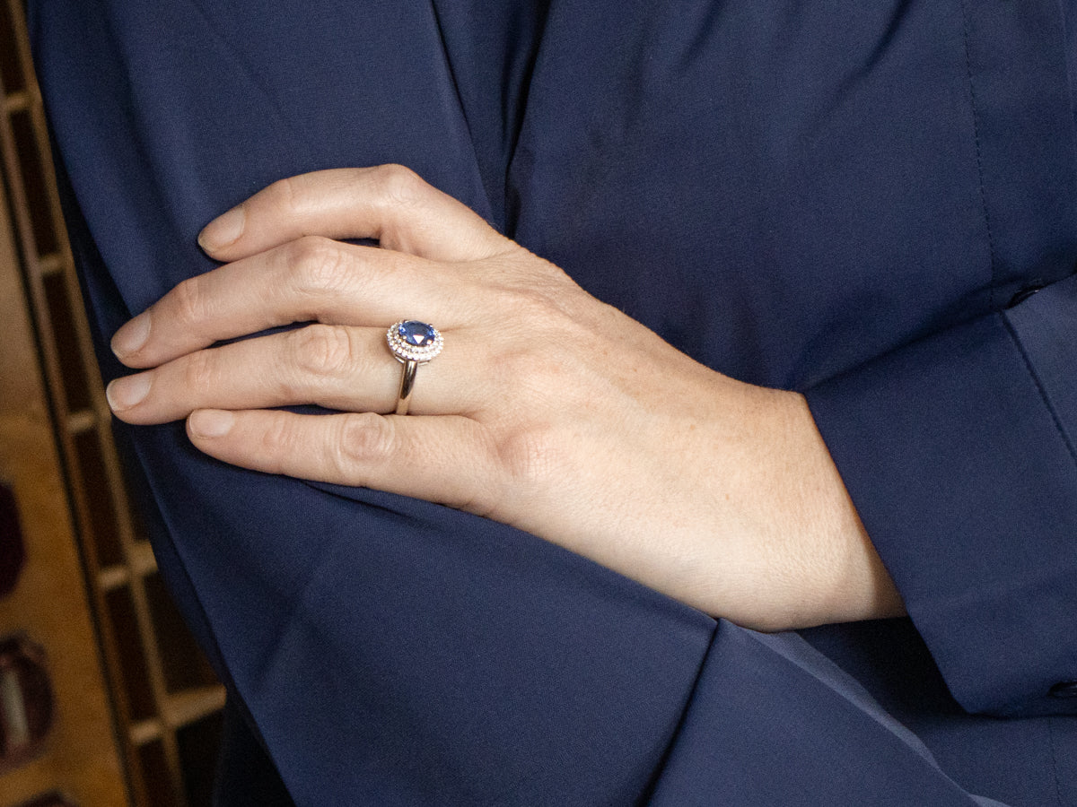 Modern Sapphire and Double Diamond Halo Engagement Ring