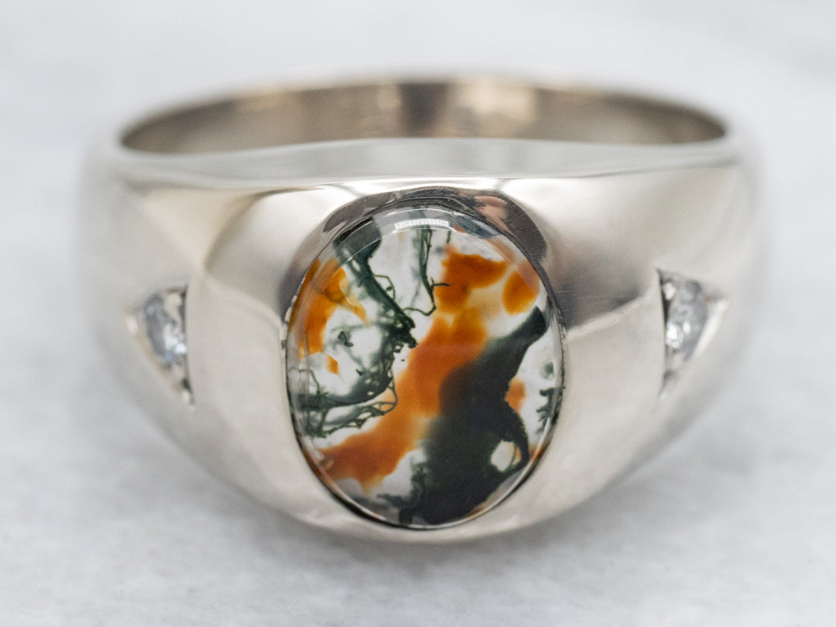 Men's Bezel Set Carnelian Moss Agate and Diamond Ring
