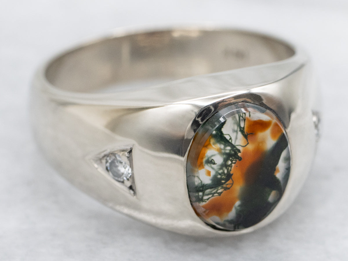 Men's Bezel Set Carnelian Moss Agate and Diamond Ring
