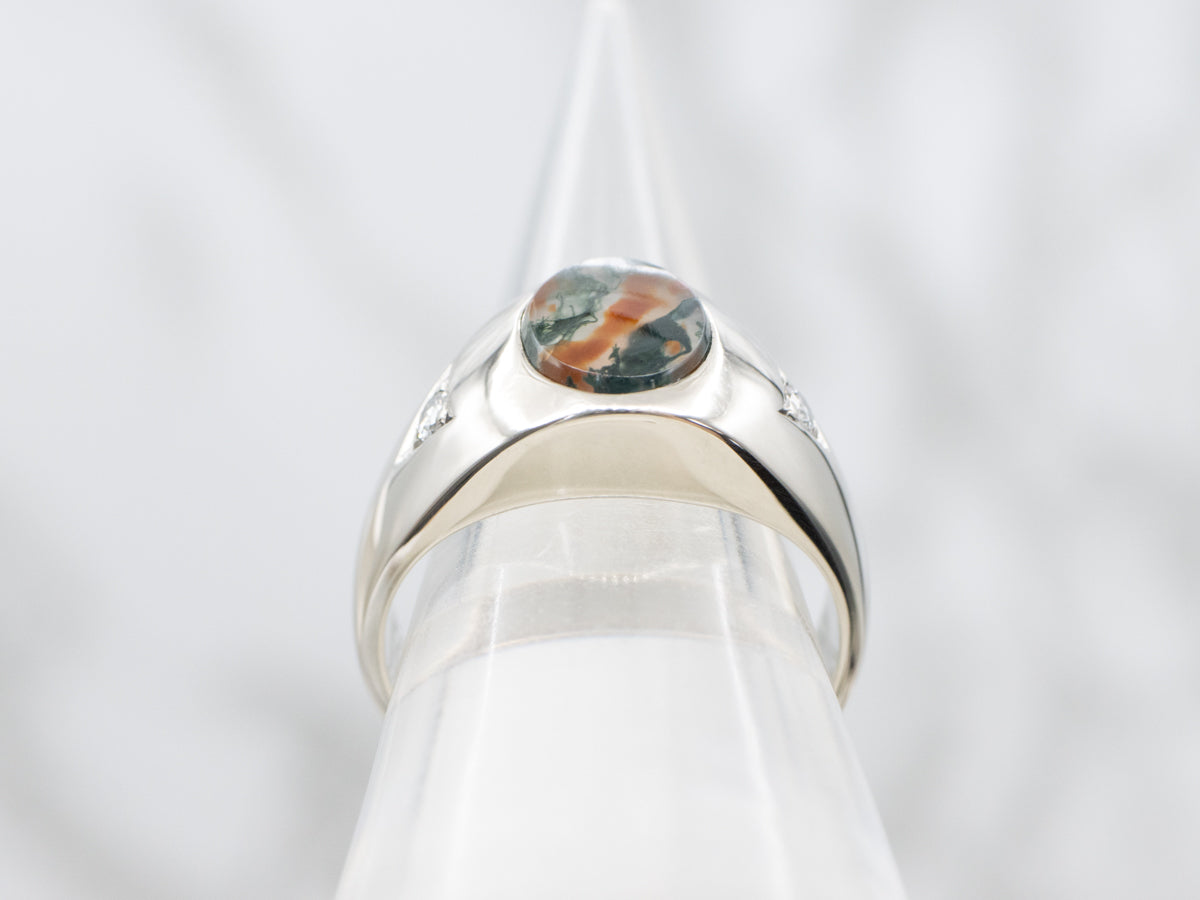 Men's Bezel Set Carnelian Moss Agate and Diamond Ring
