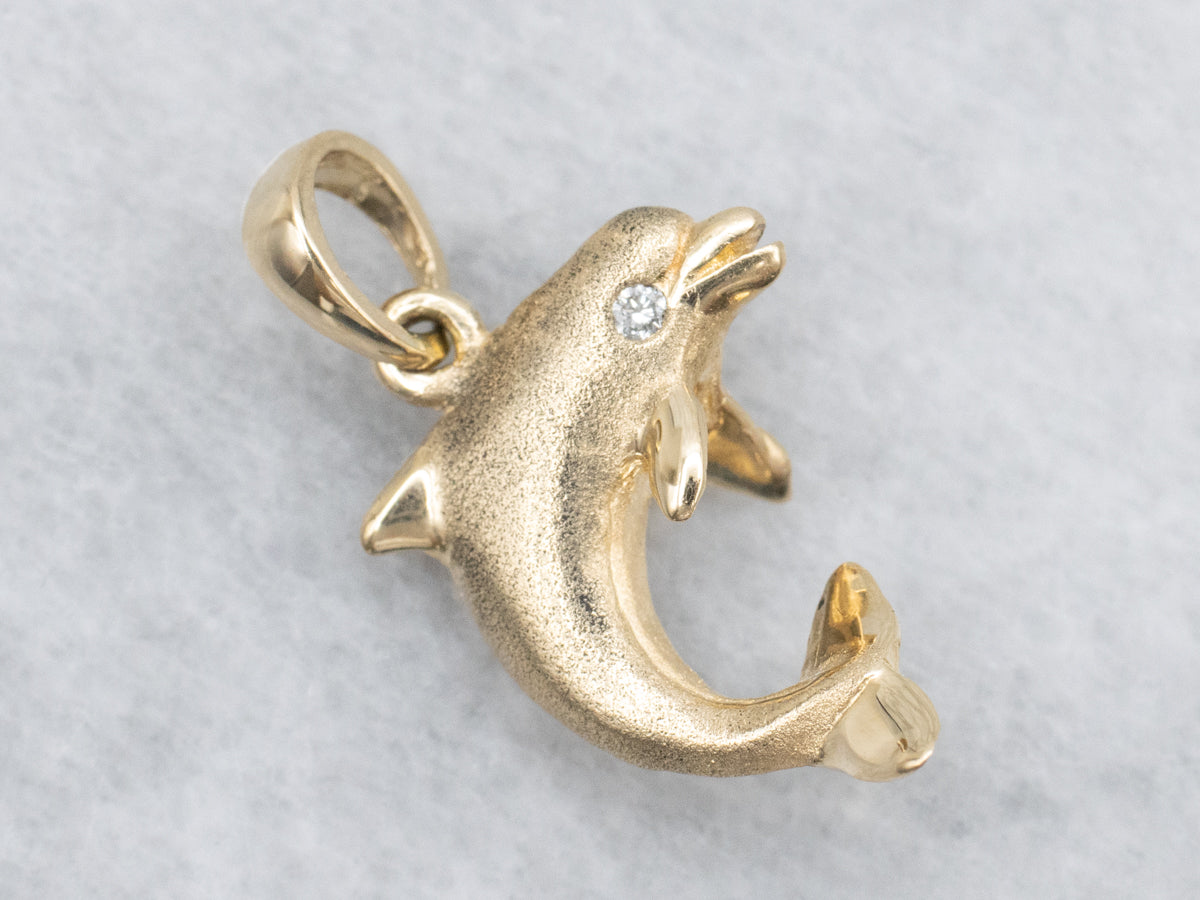 Textured Gold Diamond Dolphin Pendant